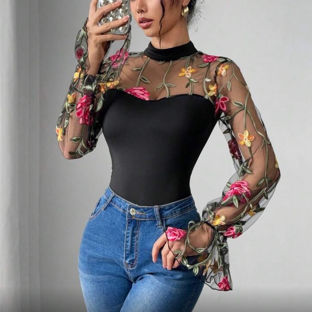 Boho floral mesh sleeve bodysuit